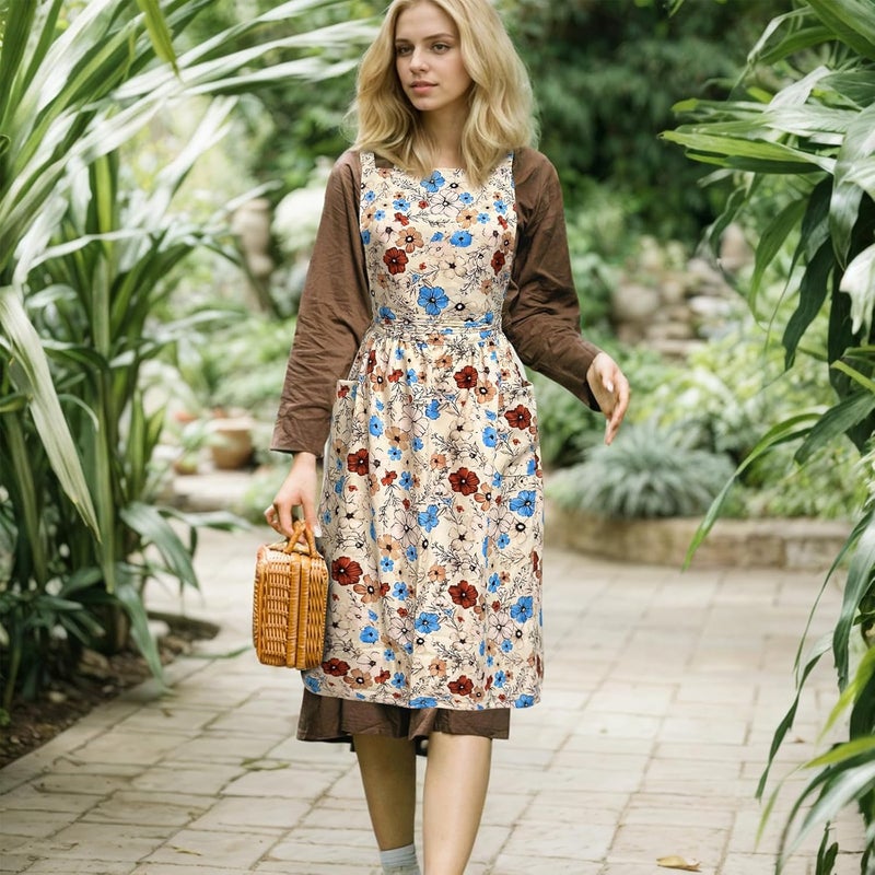 Cityelf Vintage Pinafore Floral Apron Dress with Headscarf Set Adjustable Cross Back with Pocket for Kitchen Baking Gardening - Image 5